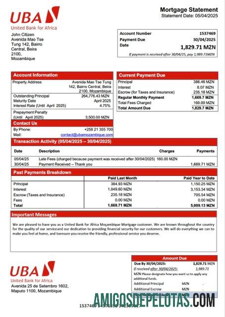 realista Mozambique United Bank For Africa Moçambique Mortgage Statement Word And PDF Template